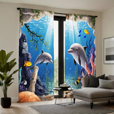 2 pièces rideaux à motif de dauphins de mer, passe-tringle du monde sous-marin bloquant le soleil, style paysage marin tropical, toutes saisons pour le salon, la chambre, la décoration de la fenêtre