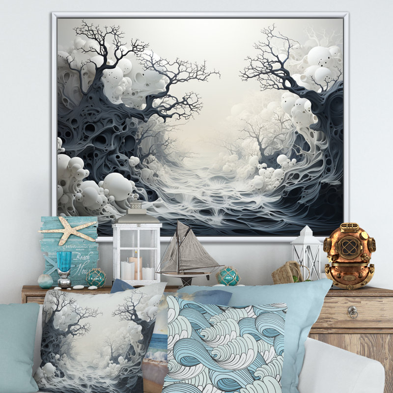 Scènes de tempête marine monochrome - reproduction sur toile, Cadre flottant blanc, H 30 po x l 40 po x P 1,5 po