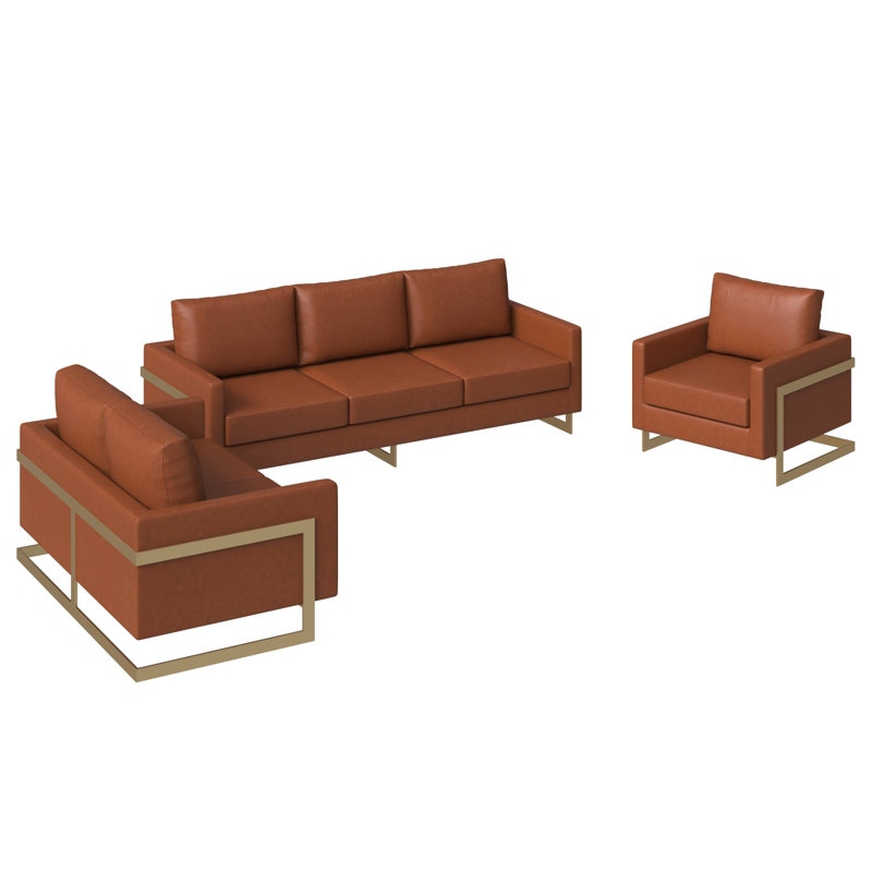 Ensemble de canapé 3 pièces rembourré en cuir avec base en acier inoxydable doré Collection Celaeno, Brun clair cognac