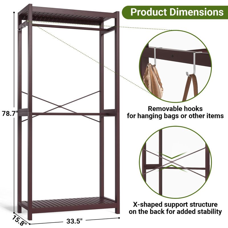 Portant à vêtements en bambou avec tablettes et double tringle, Espresso