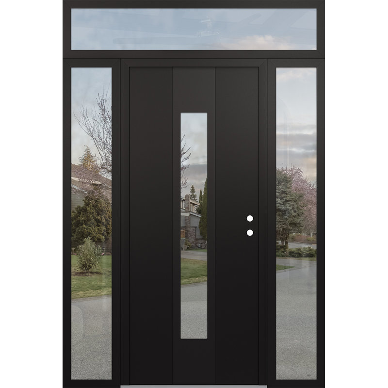 Porte d'entrée pré-suspendue en acier noir à panneau droit avec deux côtés et une traverse, L 69 po x H 95,69 po, Transparent