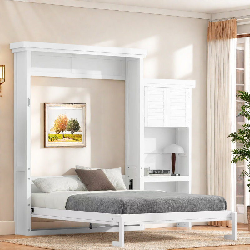 Murphy Bed With Storage Shelves And Louvred Style Decoration, White