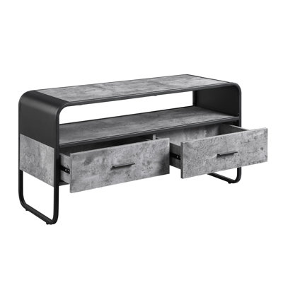 Meuble télé moderne noir et gris avec structure en métal, fabrication en bois, tiroirs et rangement ouvert pour le salon