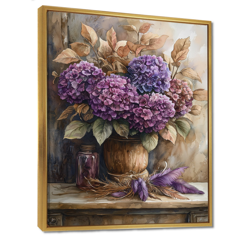 Hortensias avec plumes - art mural hortensias, Impression encadrée flottante, H 20 po x l 12 po, Doré