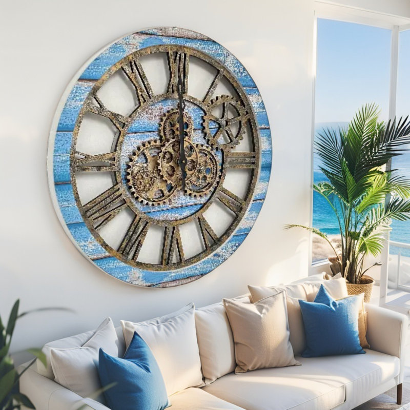 Horloge murale ronde surdimensionnée de 24 po pour le salon avec la collection America, Bleu océan