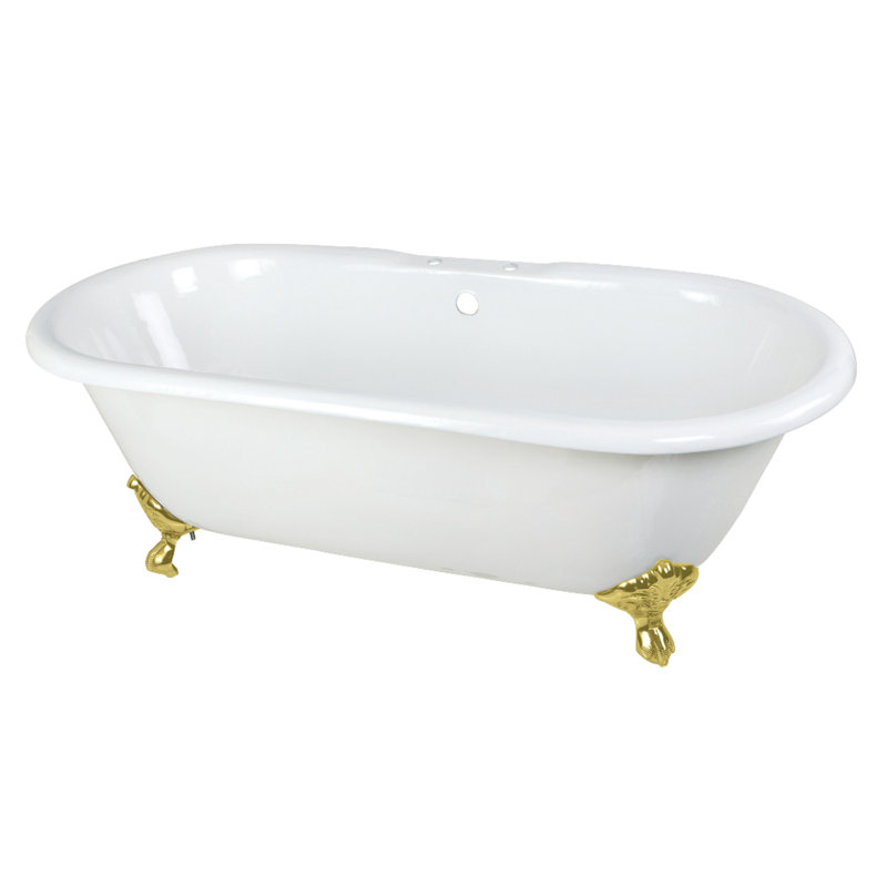 Kingston Brass Aqua Eden 66-Inch Cast Iron Oval Double Ended Clawfoot Tub (7-Inch Faucet Drillings), White/Polished Brass