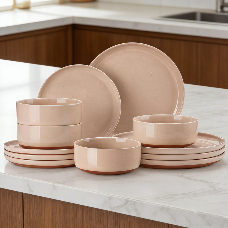 Service de table 12 pièces pour 4 en grès moderne | Assiettes et bols allant au micro-ondes et au lave-vaisselle | Ensembles de vaisselle en céramique durable de couleur rose tendre