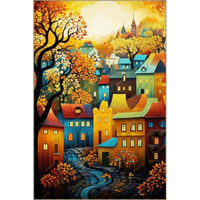 Tapis multicolore à motif de route et de maisons moderne lavable à la machine, Rond 3 pi 11 po
