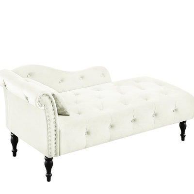 White Velvet Chaise With Stylish Buttons, Nailhead Trim, Solid Wood Legs & Pillow - Fits Any Decor Elegant In Decorative Pillow, Trim Adds Luxury To Your Home