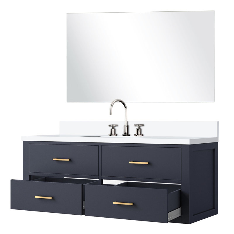 Meuble-lavabo simple bleu 48 po L 22 po x P 22 po, comptoir en quartz, 43 miroir et meuble-lavabo, blanc inclus, Bleu