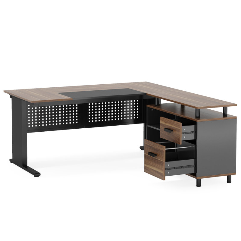 Bureau de direction en L de 63 po avec classeur, grand bureau moderne avec tiroirs, tablettes et rangement, poste de travail d'ordinateur en coin pour le bureau à domicile, bureau de travail en brun rustique et noir