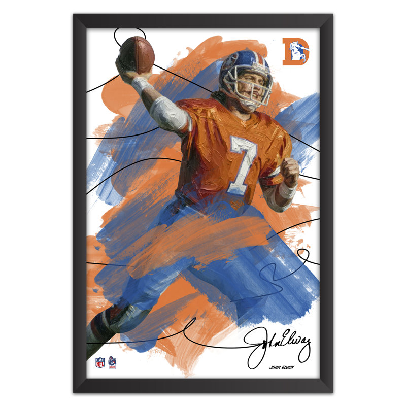 Sporticulture NFL Denver Broncos John Elway 07 Tableau encadré effet coup de pinceau, Affiche de légende du football américain, Décoration murale, 51 x 63,5 cm
