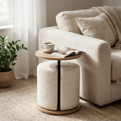 Table d'appoint ronde avec pouf dissimulé, siège escamotable, meuble d'appoint gain de place pour le salon et la chambre