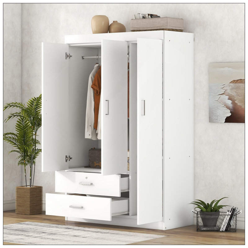 Armoire 3 portes avec 2 tiroirs, Blanc