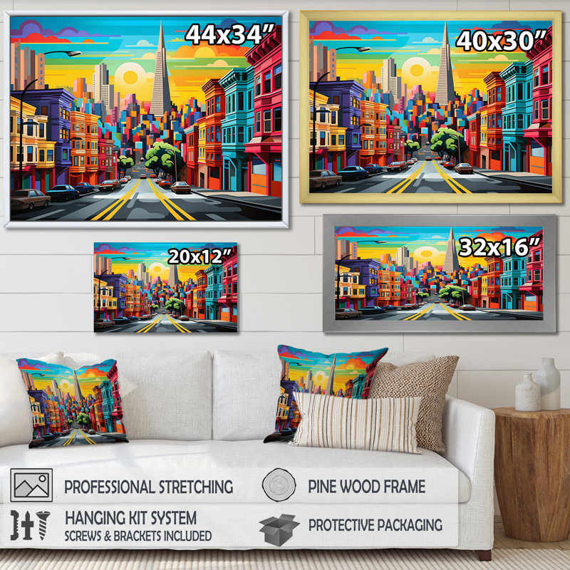 «Colorful Abstract San Francisco City», reproduction d'art sur toile, 12" H x 20" W x 1" D, Cadre flottant noir