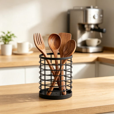 Sturdy Metal Utensil Holder for Kitchen Countertop, Rustic Farmhouse Kitchen Utensil Organizer with Wooden Base and Ventilated Design