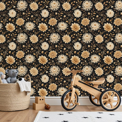 Peel and Stick PVC Wallpaper, Removable Self-Adhesive Wall Covering With Vintage Botanical Floral Beige Flowers Black Print, Waterproof for Home Decor - Roll