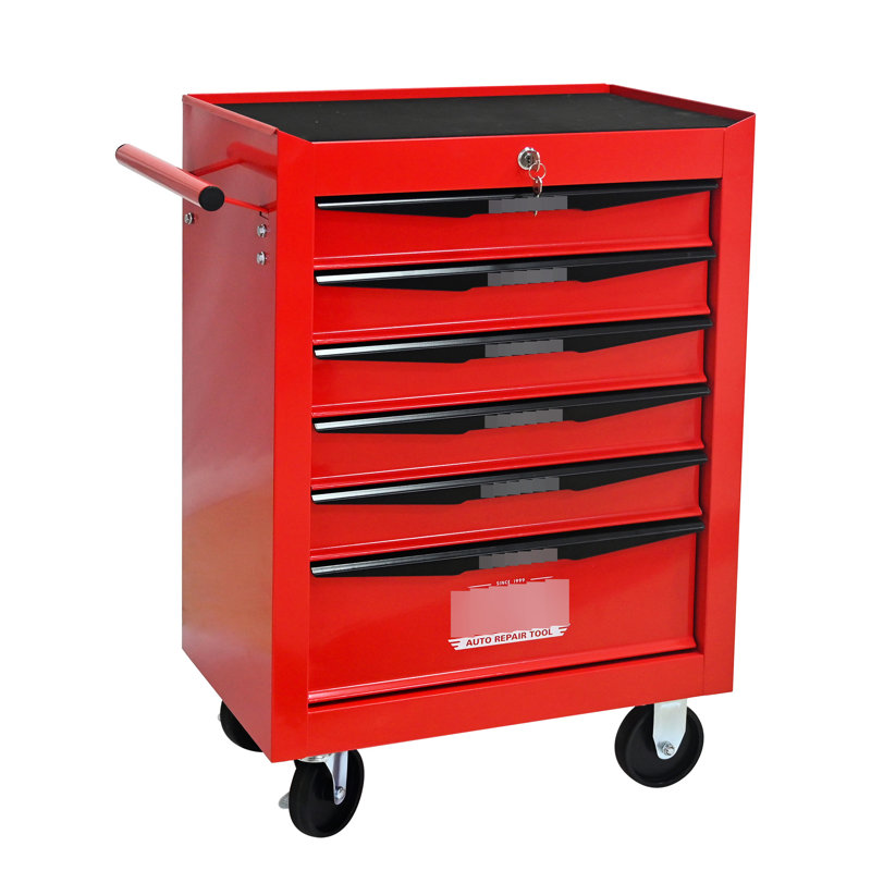 Chariot à outils à 6 tiroirs, 4, construction en acier, verrouillage par clé, comptoir lisse, acier rouge et noir 20,71 x 12,76 x 26,08 pouces, roues universelles