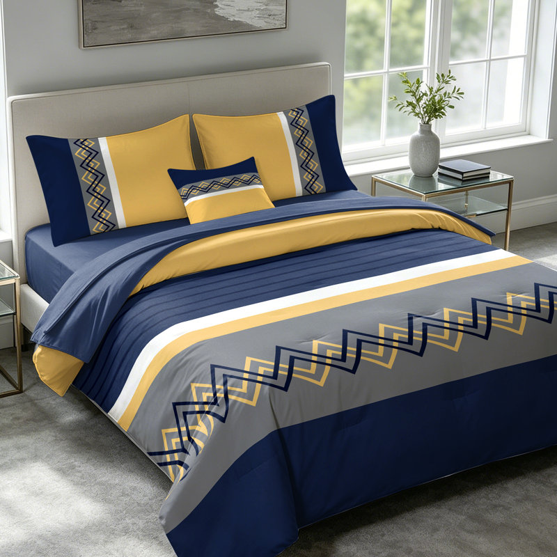 Ensemble d'édredon 6 pièces pleine grandeur, literie géométrique moderne bleu marine, gris et jaune, lit toutes saisons en microfibre dans un sac avec draps et taies décoratives
