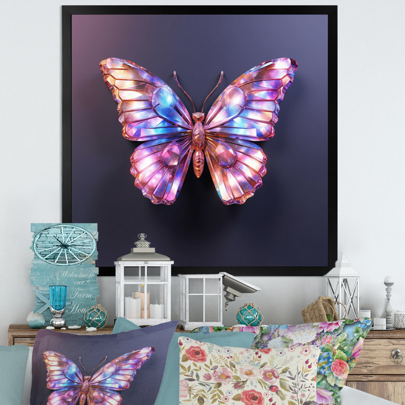 Papillon mauve et rose - art mural papillon, H 16 po x l 16 po x P 1 po, Cadre flottant noir