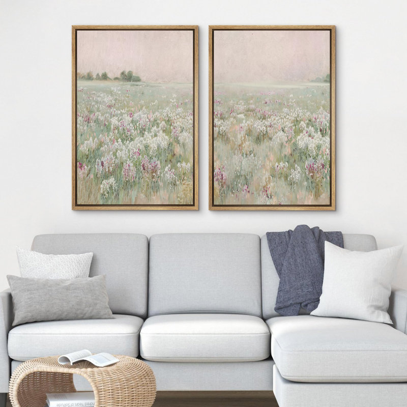 Wildflowers " Serene Meadow Field Pastel Floral Landscape In Hazy Dawn Light Modern Art Wall Decor Artwork " 2 - Pieces