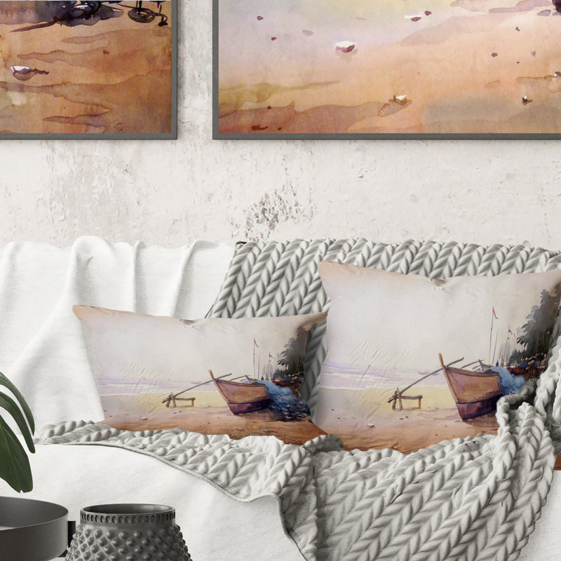 Bateaux de pêche dans le port - Coussin décoratif imprimé nautique et côtier, 16 po x 16 po
