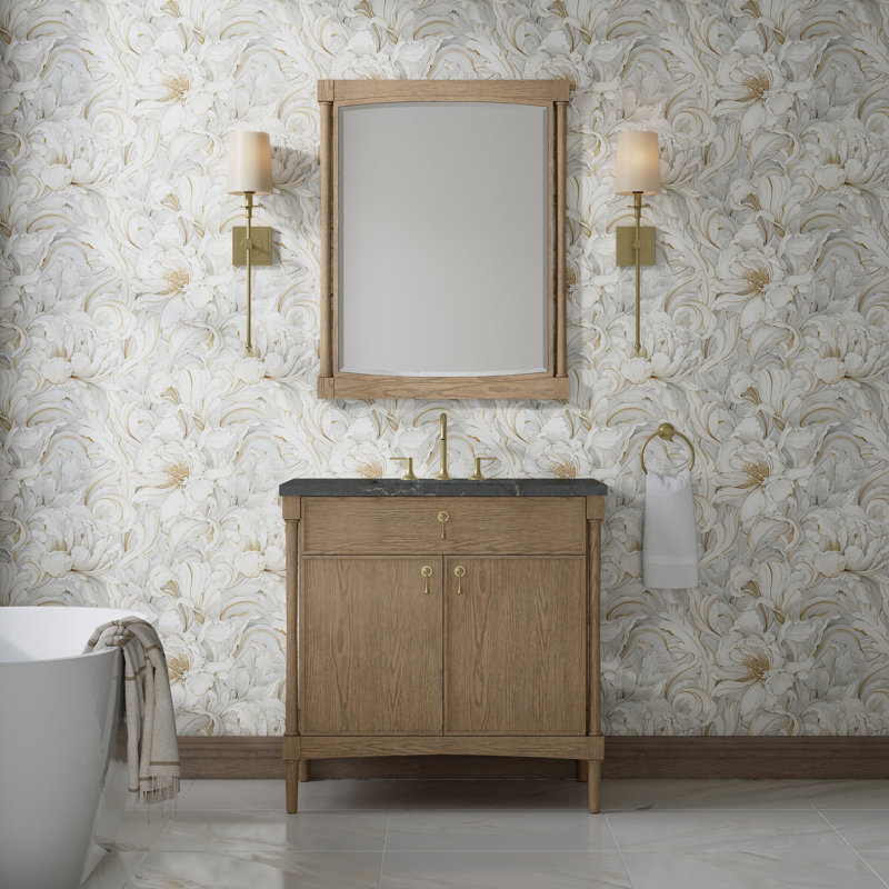 Kinnsden 36" W Single Vanity, Parisien Bleu Silestone, 8" Widespread, Weathered Oak