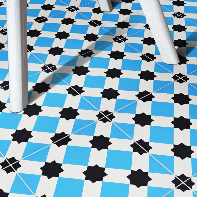 Ait Baha 8" x 8" Cement Patterned Wall & Floor Tile, Blue/Black