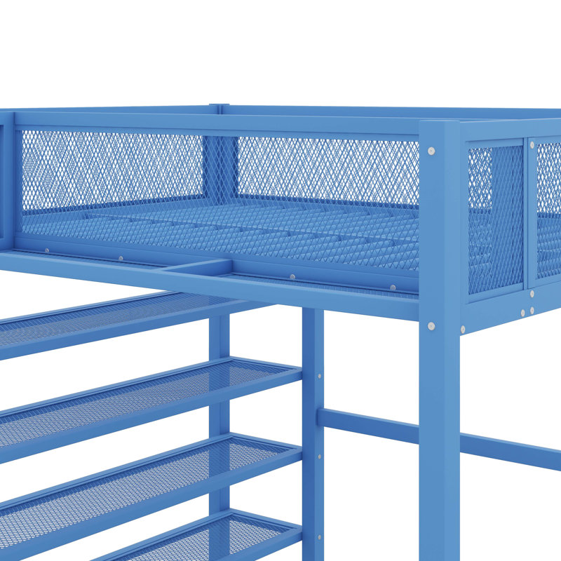 Lit mezzanine en métal avec tablettes à 4 niveaux et rangement Alexandreia, Bleu, Double