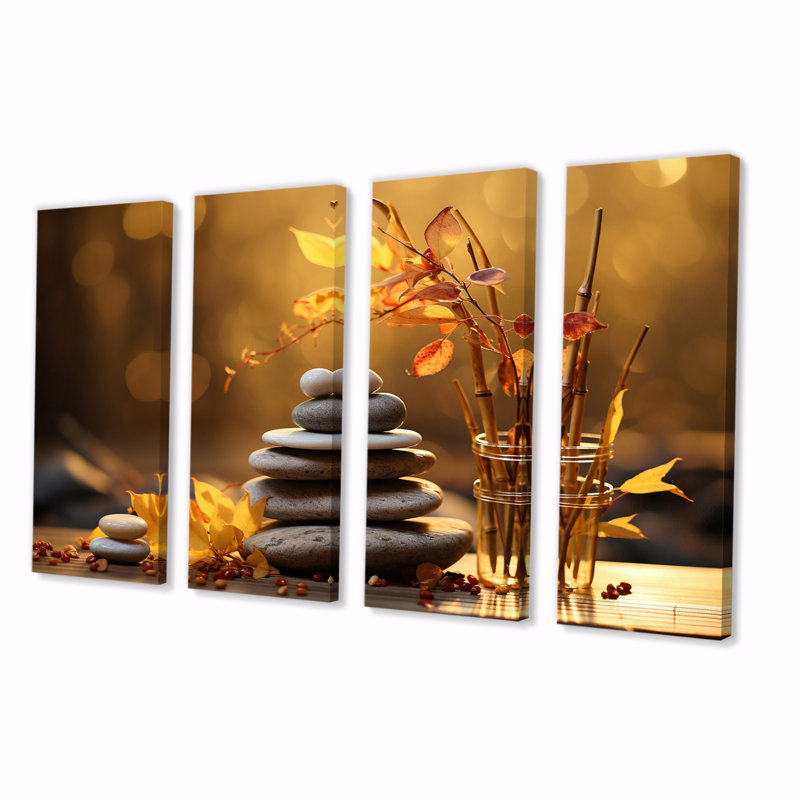 Zen Zen Serenity Cairn Sculpture Balance IV - Art mural sur toile en pierre spirituelle - 4 panneaux