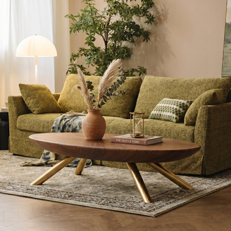 Table basse 51 po, table basse moderne en bois de noyer avec pieds en métal doré