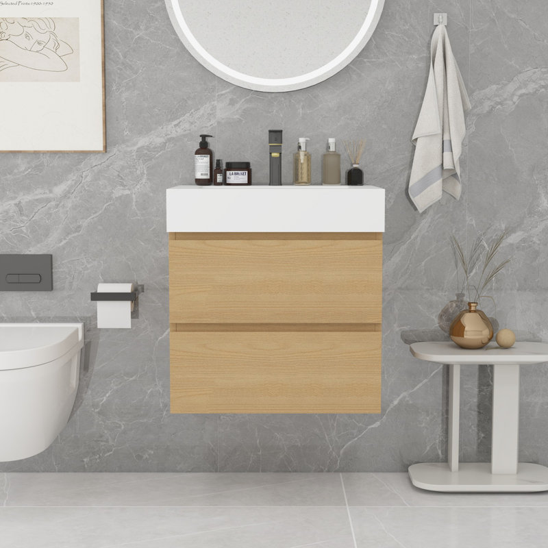 Grand meuble-lavabo mural avec rangement Modern, Blanc, Chêne