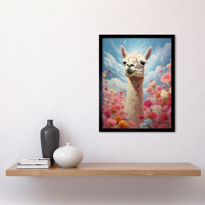 Happy Llama Peeking Head Over Pink Flowers Bright Colourful - Single Picture Frame Print