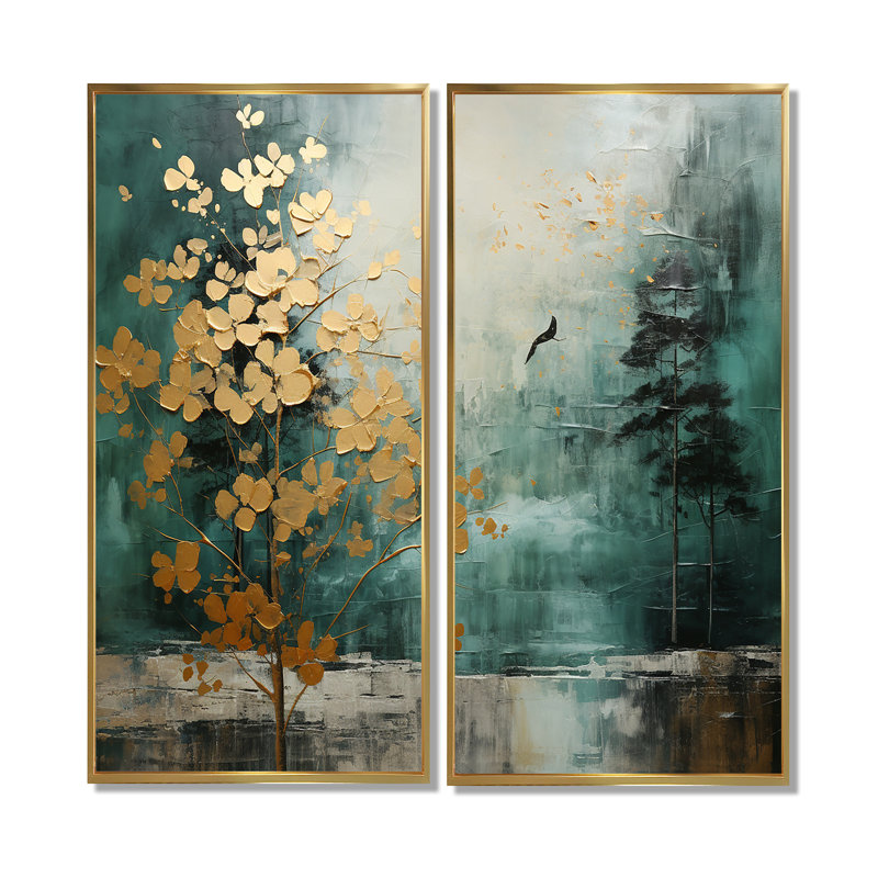 «Golden Emerald Forest», art mural sur toile à spirales abstraites, 40" H x 40" W, Impression encadrée flottante, Gold