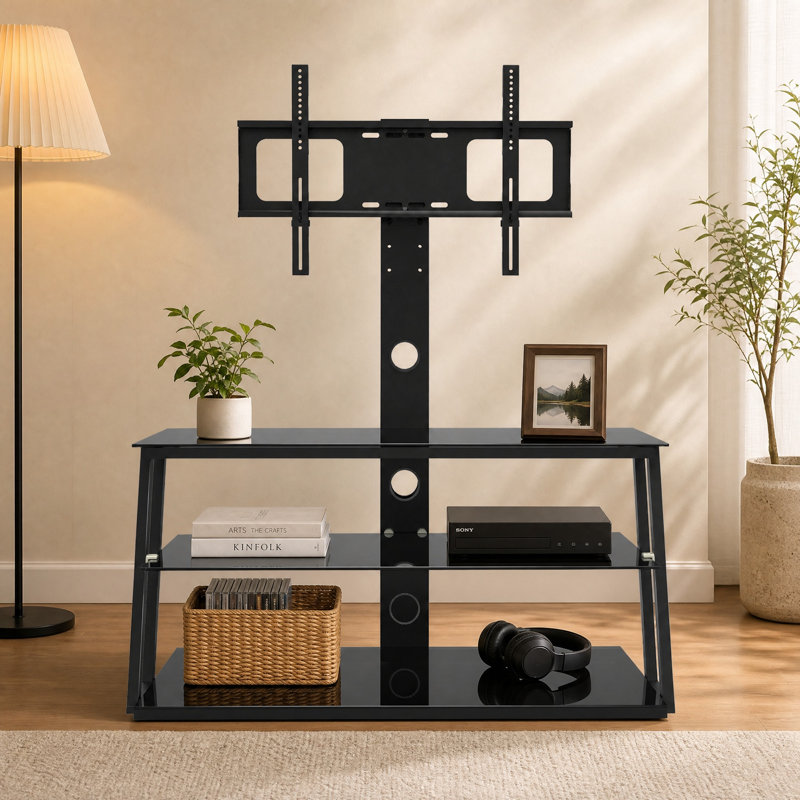 Black Multi-Function TV Stand with Mount and Tempered Glass Shelves