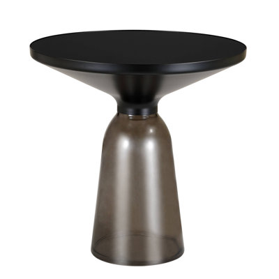 19" Round Side End Table Glass/Sintered Stone Top With Powder-Coated Black Rim And Tempered Glass Base
