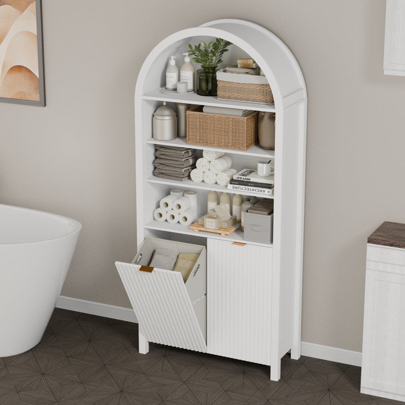 70 po de hauteur, armoire à linge à double basculement arqué 70 po, armoire à poubelle cannelée 30 gallons à 4 niveaux avec tablettes réglables, armoires de buanderie cachées avec 2 paniers pour la salle de bain, cuisine, blanc