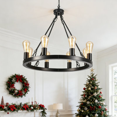 8-Light 23.6" Dimmable  Metal Wagon Wheel Chandelier, Modern Farmhouse Round Candle Pendant Light for Dining Room Living Room Kitchen Island