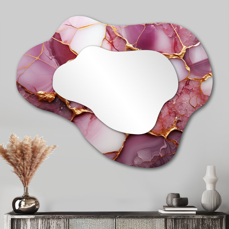 Rose et or rivière Marble I - grand miroir mural nuage abstrait, miroir unique asymétrique moderne, impression sur métal