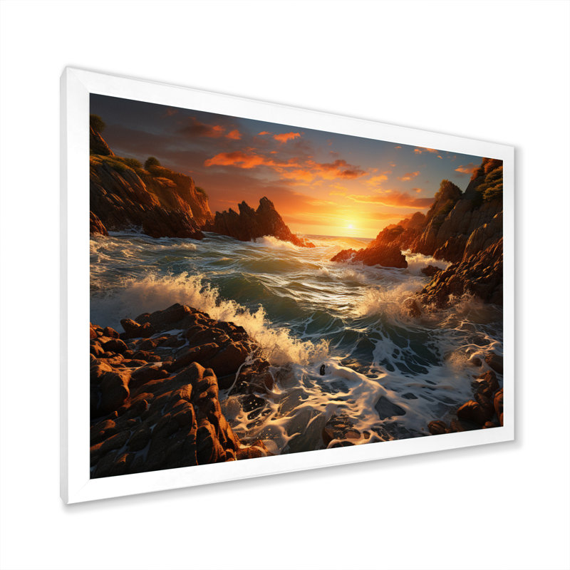 Rocky Beach Coastal Surrender I - Nautical & Beach Wall Art Prints, H 16 po x l 32 po x P 1 po, Cadre simple blanc