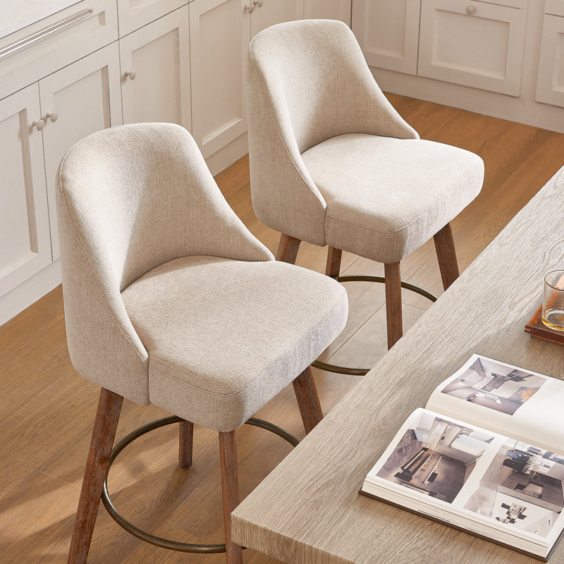Mid Century Modern Counter Height Bar Stools Set of 2,360° Swivel Barstools with Solid Wood Legs, Island Chairs with Wrap-Around Backrest,Sand Linen Comfort Fabric