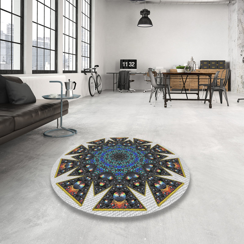 Tapis bleu/noir/gris à tisser électrique, Rond 5 pi