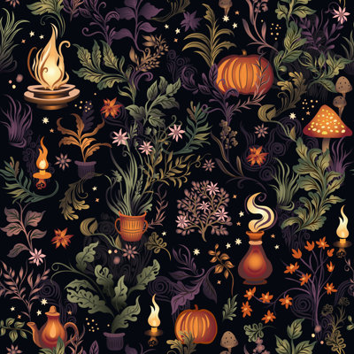 Magical Garden Wallpaper Witch Cottage Pumpkin Pattern Halloween Botanical Peel and Stick Wall Decor