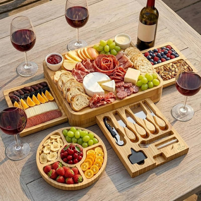 Zulay Kitchen Bamboo Cheese Board Set Extra Thick Charcuterie Board 15 Piece - Deluxe Set