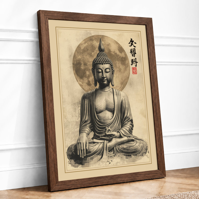 Meditating Buddha Japandi - Framed Print, A3 - 42.0 x 29.7 cm, Walnut