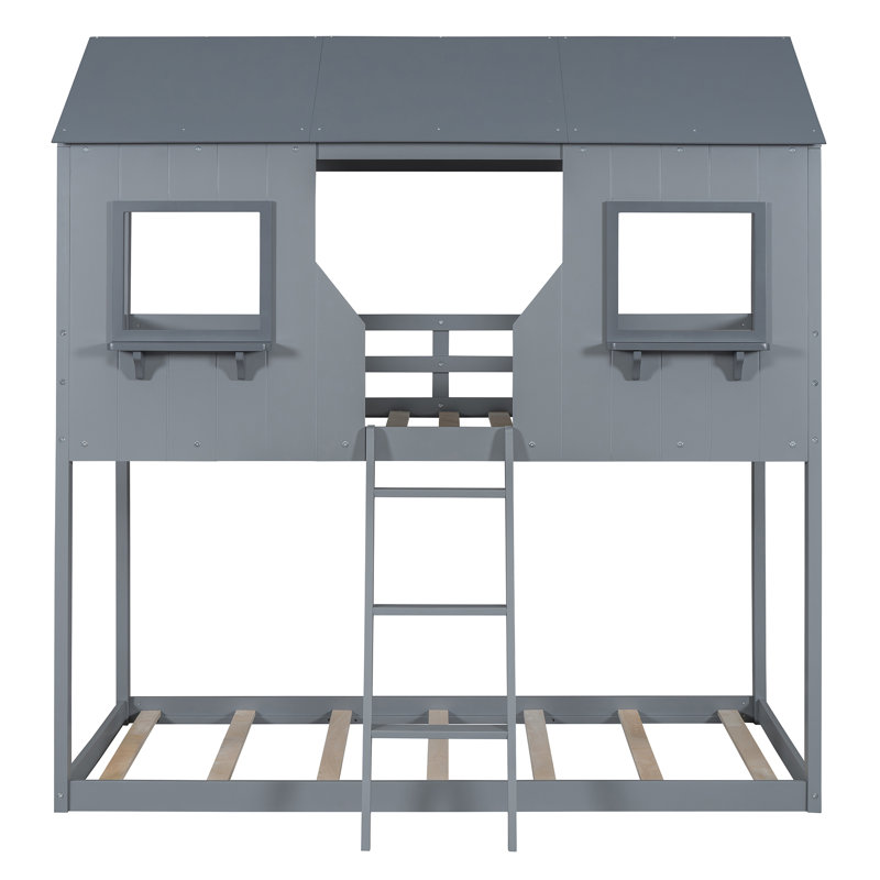 Lit superposé simple au-dessus d'un lit simple en bois avec toit, fenêtre, garde-corps et échelle, Gris