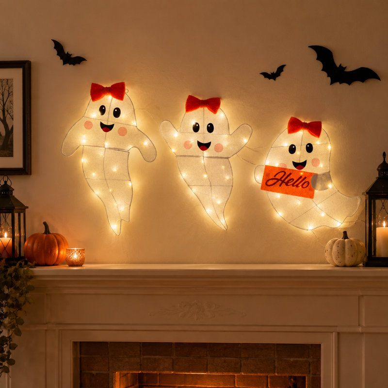 Décorations lumineuses d'Halloween en forme de fantôme (3 pièces), fantôme suspendu de 66 cm avec 60 DEL blanc chaud, 8 modes d'éclairage, à brancher pour l'intérieur et l'extérieur (porche, terrasse).