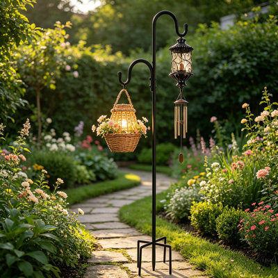 Adjustable 78 Inch Double Shepherds Hook – 3/4" Rust-Proof Iron Pole, Heavy Duty Base, For Bird Feeders, Flower Baskets, Wind Chimes, Solar Lights, Patio Decor