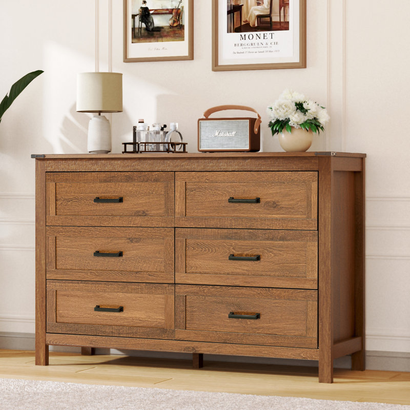 Farmhouse 6 Drawer Dresser For Bedroom, 48" Wide Chest Of Drawers With Anti-Tip Design For Living Room, Hallway, Rustic Brown