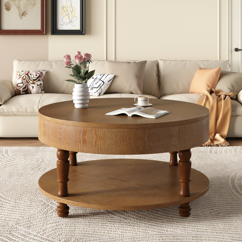 Table basse ronde moderne à deux niveaux avec tablette inférieure, table de salon minimaliste pour petits espaces, table basse circulaire avec rangement